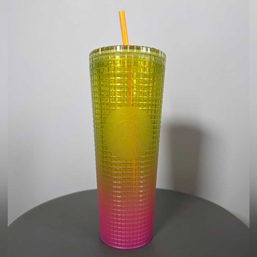 Starbucks Studded Tumbler 24oz Neon Yellow Pink Ombre Grid Venti